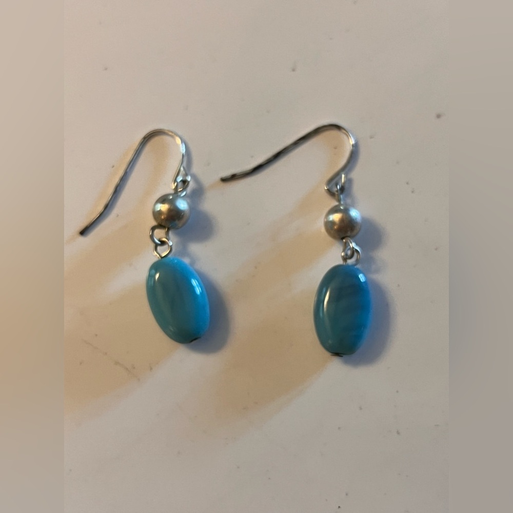 Silvertone and Blue Turquoise Color  Dangle Earrings Bohemian minimalist dainty